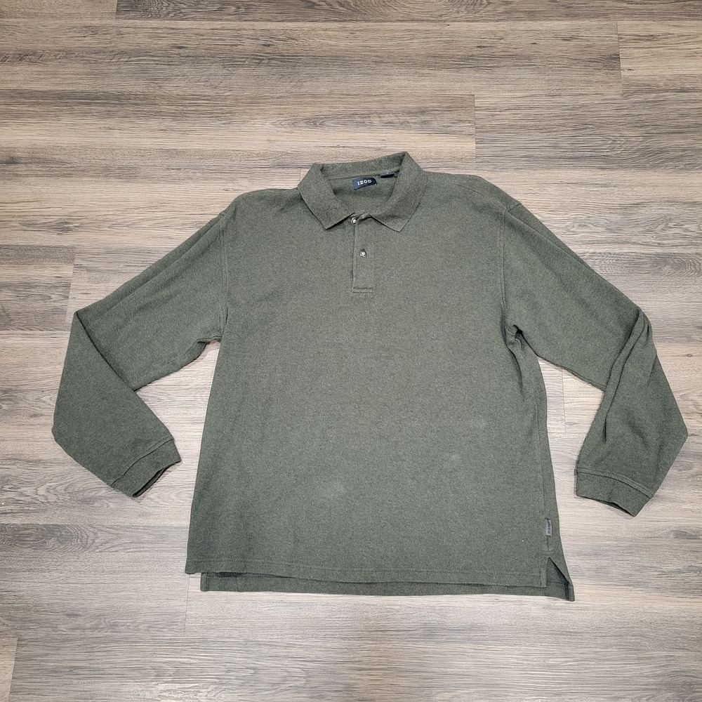 IZOD Long Sleeve Polo Shirt Heathered Knit Casual Comfy Olive Green‎ M